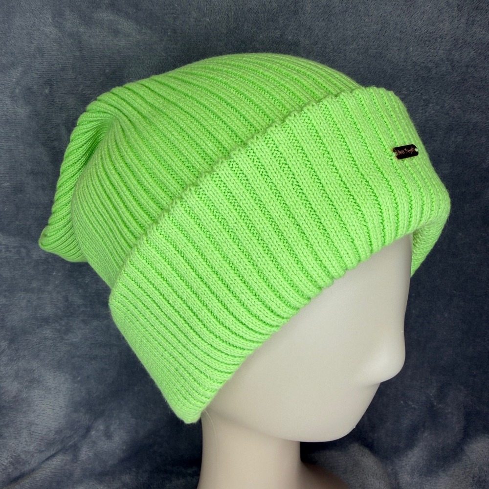 Free People Beanie Womens One Size Lime Green Ribbed Knit Cotton Cuffed Hat
